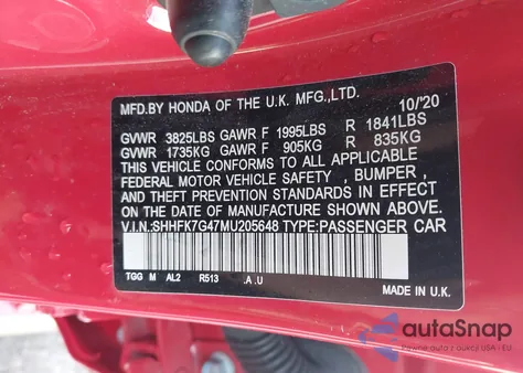 2021 Honda Civic Sport z USA, uszkodzony, nr VIN SHHFK7G47MU205648